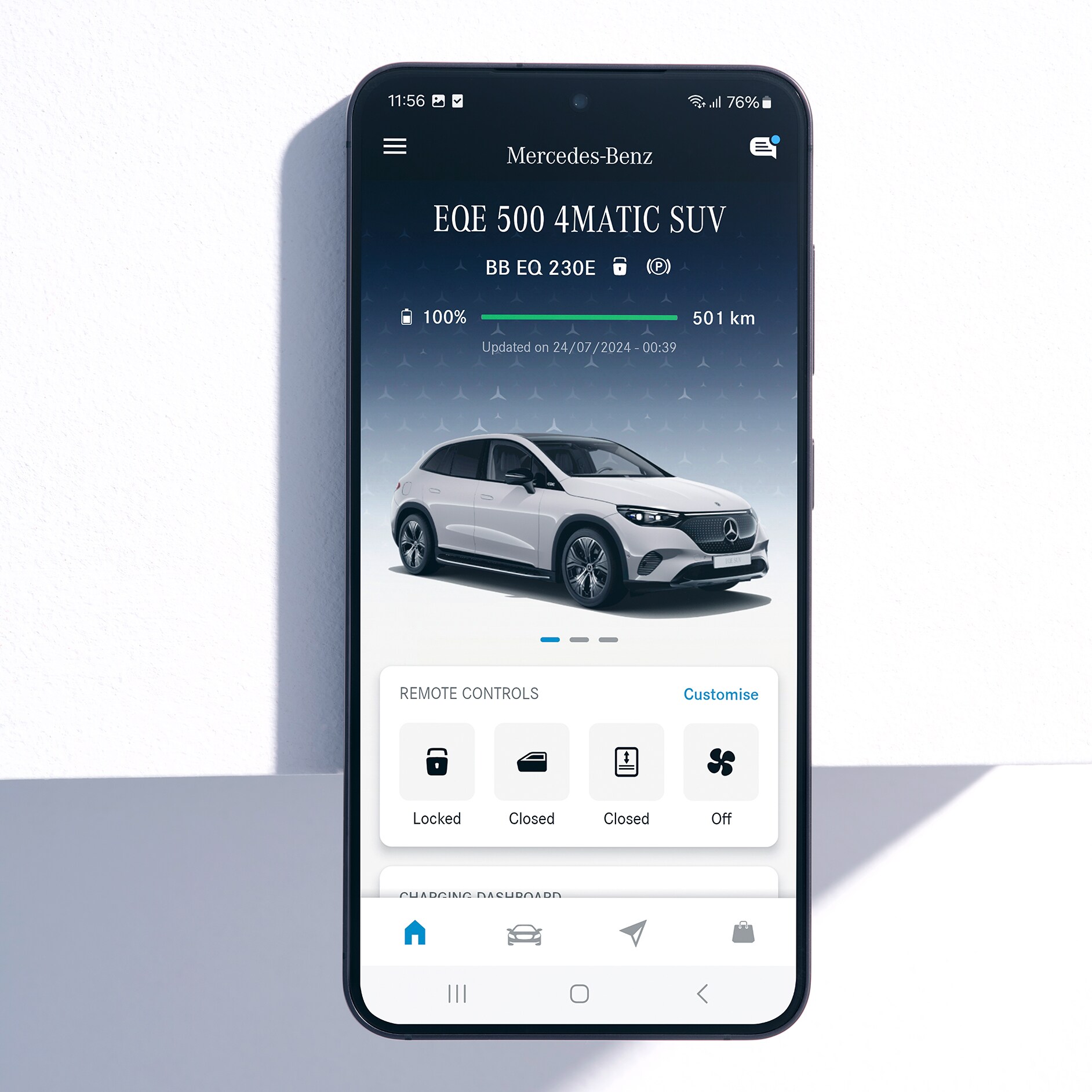 Mercedes me App | Apps | Mercedes me The menu of the Mercedes me App displays the available functions of the Navigation, Remote and GUARD 360˚ Digital Extras on a smartphone.