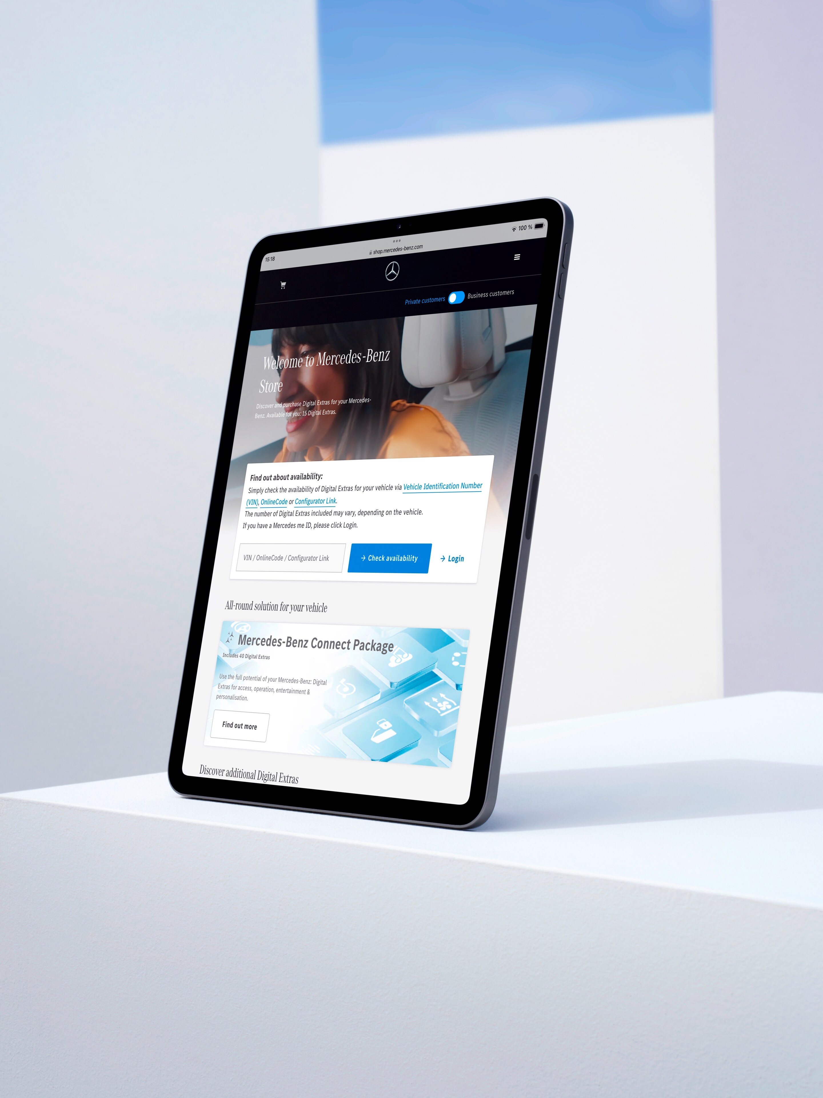 Mercedes-Benz Online Store iPad Giveaway - Reserve now A tablet device showing the Mercedes-Benz Online Store.